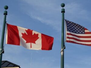Canadian Flag and American Flag on the border
